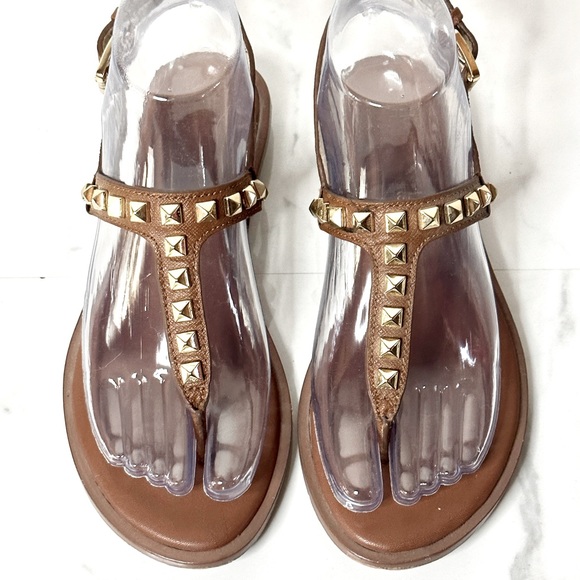 Michael Kors Shoes - MICHAEL Michael Kors Brown Leather Sandal Gold Studded 5.5 Flat Thong